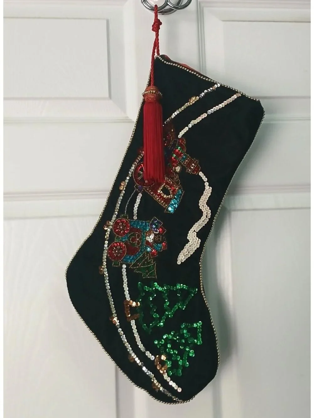 VTG Black Velvet Christmas Stocking W/ Sequined Train Silver Trim Holiday #D-21